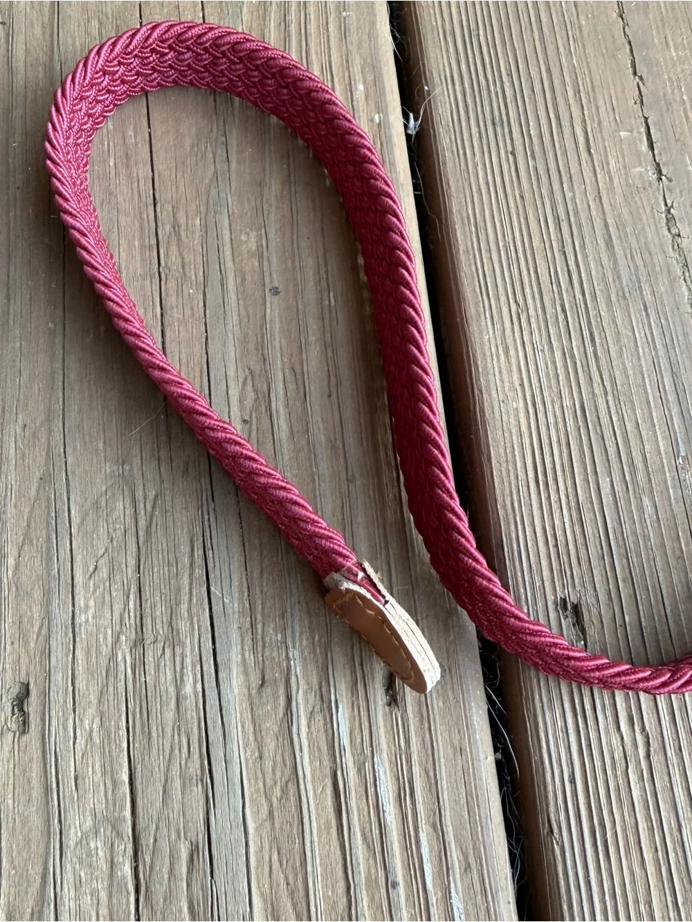 Burgundy Wine Braided Stretch Belt Gold Buckle Tan Leather Trim 45”